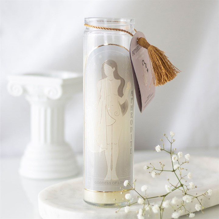 Aphrodite Goddess Tube Candle with Rose Quartz Crystals