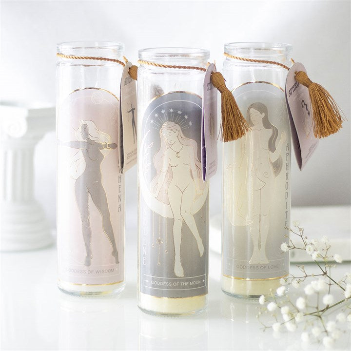 Athena Goddess Tube Candle with Clear Quartz Crystals