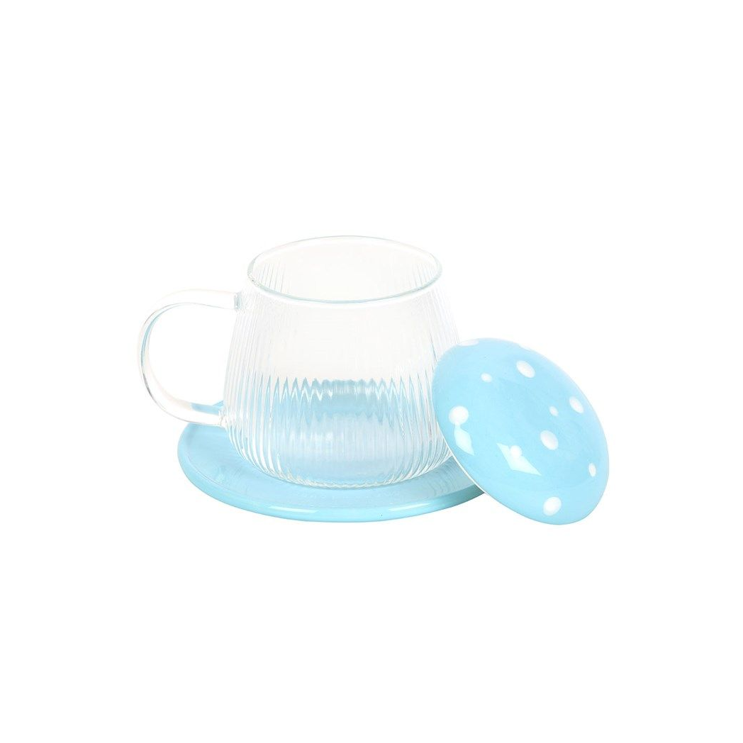 Blue Glass Mushroom Mug and Saucer